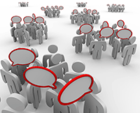 image representing groups of people asking questions